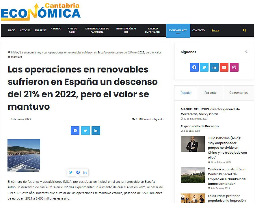Las operaciones en renovables sufrieron en Espaa un descenso del 21% en 2022, pero el valor se mantuvo